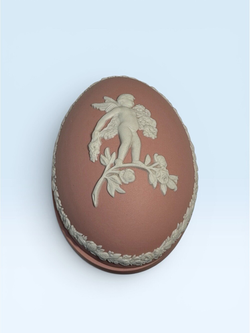 Wedgwood Jasperware PINK Egg Lidded Trinket Box Cherub Cupid Cameo Easter EUC